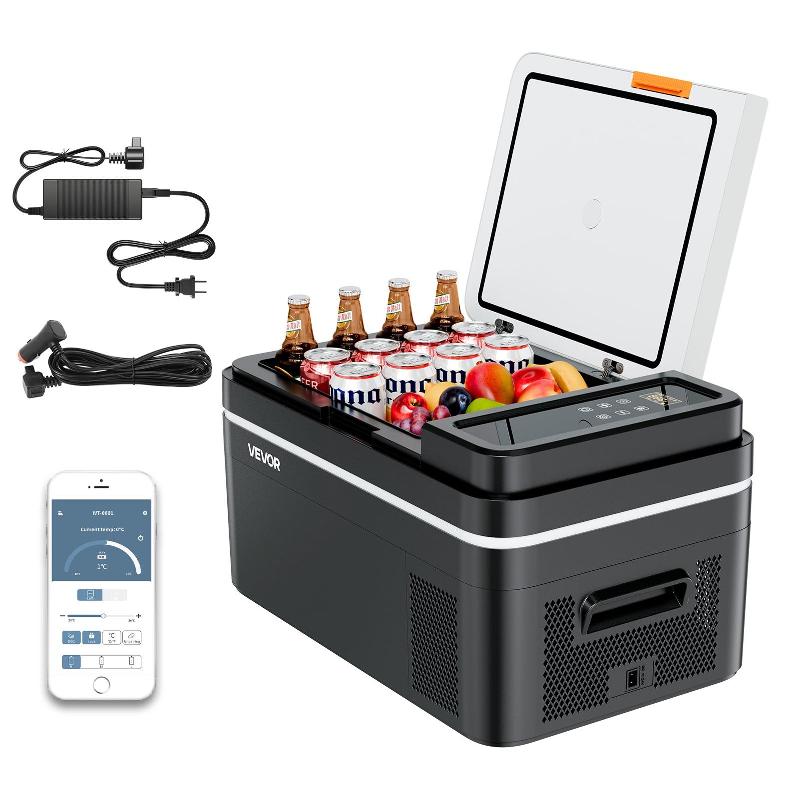 VEVOR automašīnas ledusskapis–saldētava, kompresora dzesētājs DC 12/24 V un AC 100–240 V, temperatūras diapazons −20 °C līdz +20 °C, ar lietotnes vadību, 22 l ietilpība, 45 W pārnēsājams saldētājs kemperiem, kempingam, laivām un makšķerēšanai