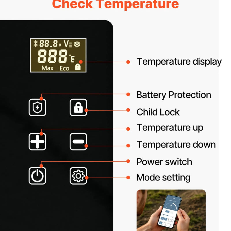 VEVOR automašīnas ledusskapis–saldētava, kompresora dzesētājs DC 12/24 V un AC 100–240 V, temperatūras diapazons −20 °C līdz +20 °C, ar lietotnes vadību, 22 l ietilpība, 45 W pārnēsājams saldētājs kemperiem, kempingam, laivām un makšķerēšanai