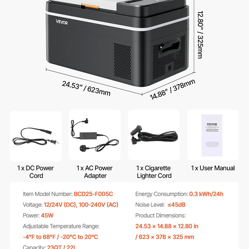 VEVOR automašīnas ledusskapis–saldētava, kompresora dzesētājs DC 12/24 V un AC 100–240 V, temperatūras diapazons −20 °C līdz +20 °C, ar lietotnes vadību, 22 l ietilpība, 45 W pārnēsājams saldētājs kemperiem, kempingam, laivām un makšķerēšanai