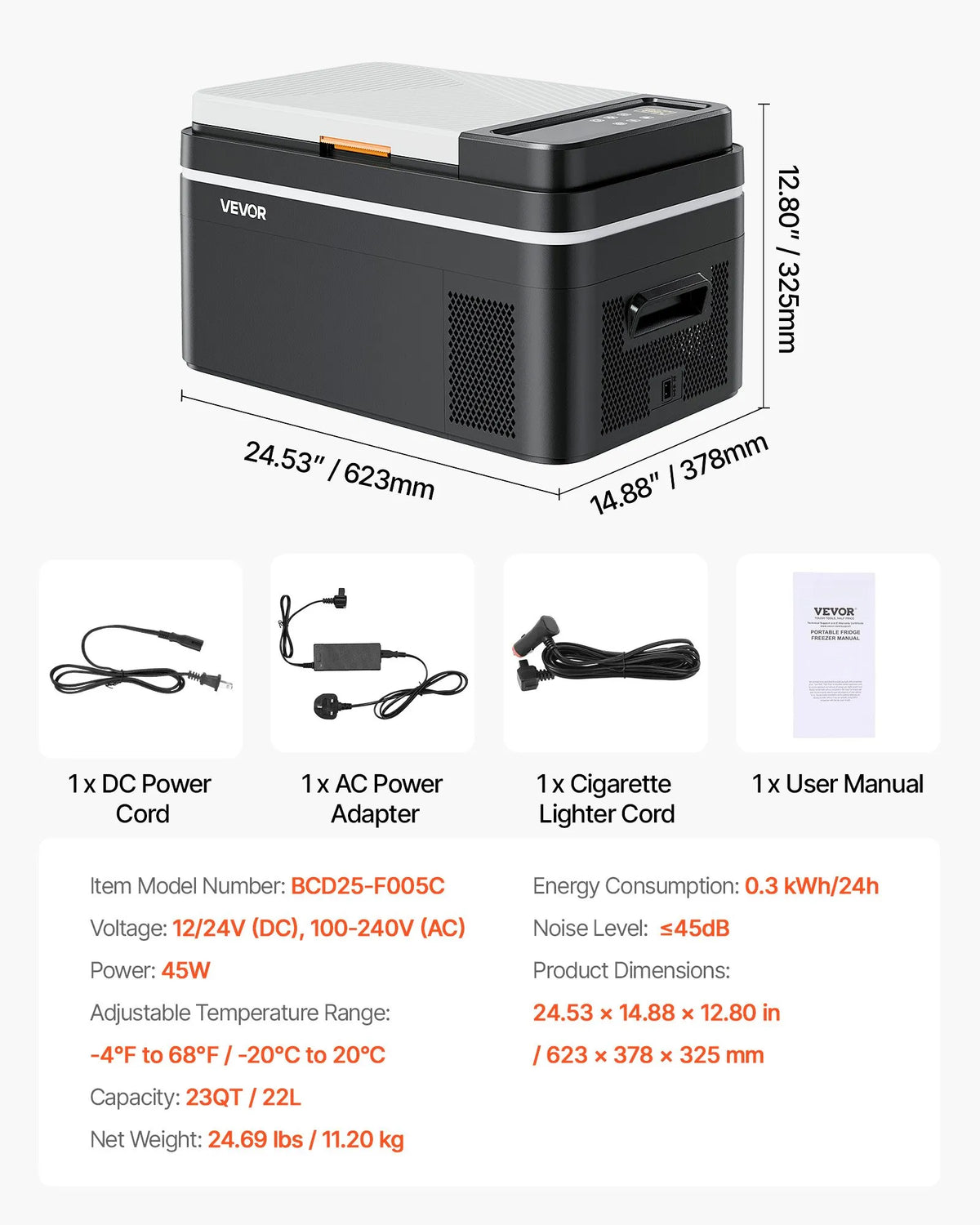 VEVOR automašīnas ledusskapis–saldētava, kompresora dzesētājs DC 12/24 V un AC 100–240 V, temperatūras diapazons −20 °C līdz +20 °C, ar lietotnes vadību, 22 l ietilpība, 45 W pārnēsājams saldētājs kemperiem, kempingam, laivām un makšķerēšanai