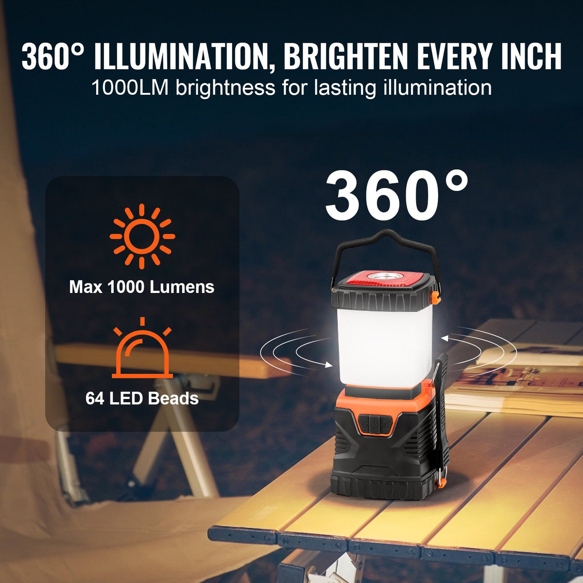 VEVOR 1000Lm LED Kempinga Laterna, Darbināma ar Akumulatoru, 4 Gaismas Režīmi, Kompakta un Izturīga