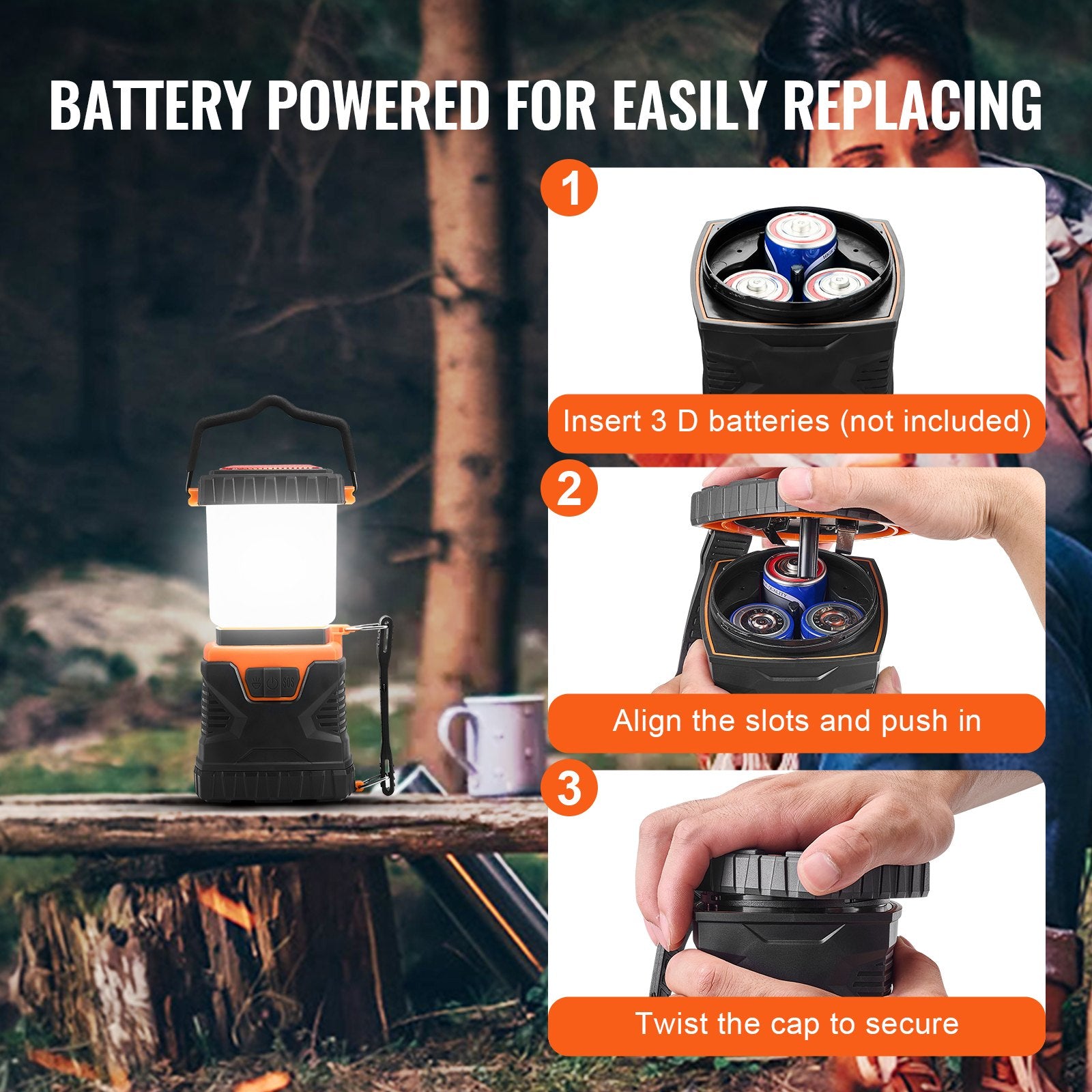VEVOR 1000Lm LED Kempinga Laterna, Darbināma ar Akumulatoru, 4 Gaismas Režīmi, Kompakta un Izturīga