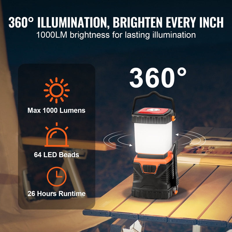 VEVOR 1000Lm LED Kempinga Laterna, Uzlādējama, Pārnēsājama, Āra Piedzīvojumiem