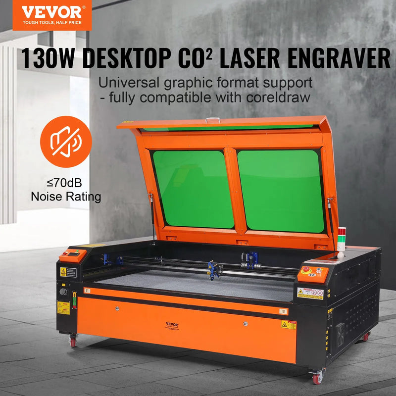 VEVOR 130 W CO₂ lāzera gravēšanas un griešanas iekārta, darba laukums 89 × 140 cm, līdz 500 mm/s, divvirzienu gaisa padeve, saderīga ar LightBurn, CorelDRAW un AutoCAD, Windows, macOS un Linux, kokam, akrilam un audumam