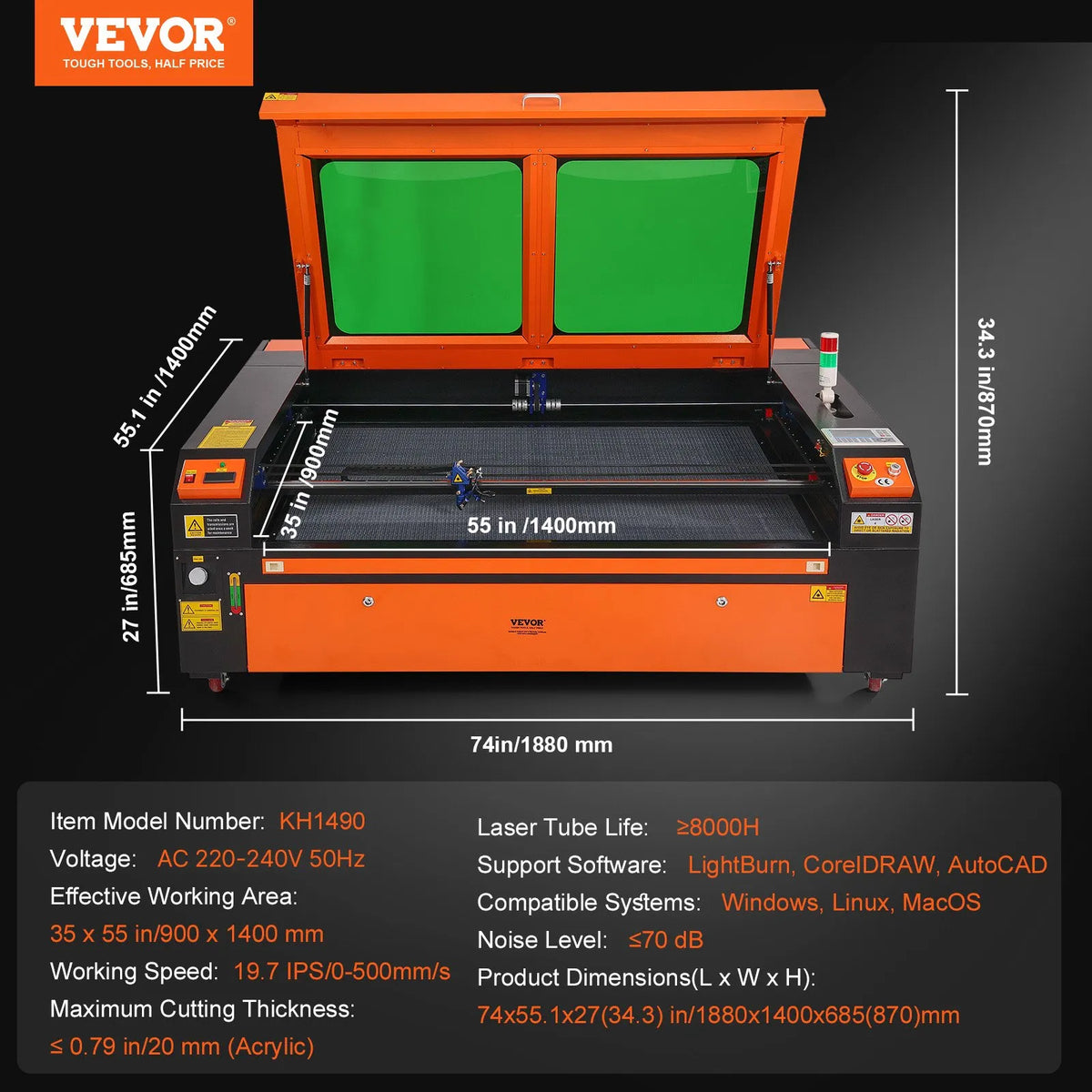 VEVOR 130 W CO₂ lāzera gravēšanas un griešanas iekārta, darba laukums 89 × 140 cm, līdz 500 mm/s, divvirzienu gaisa padeve, saderīga ar LightBurn, CorelDRAW un AutoCAD, Windows, macOS un Linux, kokam, akrilam un audumam