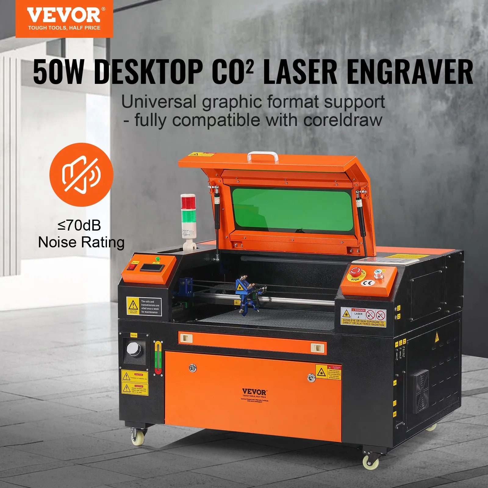 VEVOR 50 W CO₂ lāzera gravēšanas un griešanas iekārta, darba laukums 30 × 51 cm, līdz 500 mm/s, divvirzienu gaisa padeve, saderīga ar LightBurn, CorelDRAW un AutoCAD, Windows, macOS un Linux, kokam, akrilam un audumam
