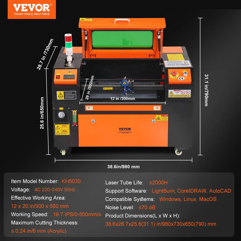 VEVOR 50 W CO₂ lāzera gravēšanas un griešanas iekārta, darba laukums 30 × 51 cm, līdz 500 mm/s, divvirzienu gaisa padeve, saderīga ar LightBurn, CorelDRAW un AutoCAD, Windows, macOS un Linux, kokam, akrilam un audumam