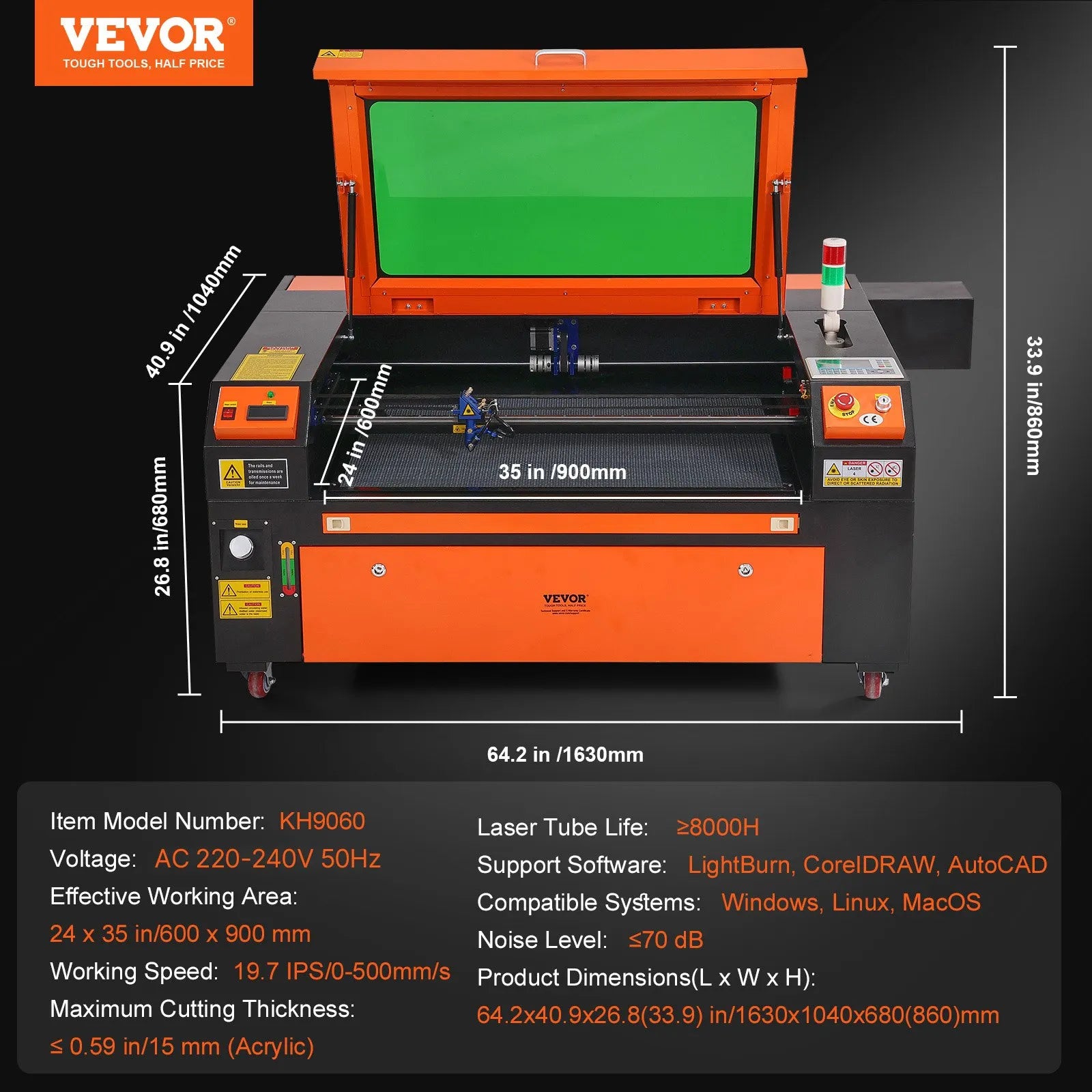 VEVOR 100 W CO₂ lāzera gravēšanas un griešanas iekārta, darba laukums 61 × 89 cm, līdz 500 mm/s, divvirzienu gaisa padeve, saderīga ar LightBurn, CorelDRAW un AutoCAD, Windows, macOS un Linux, kokam, akrilam un audumam