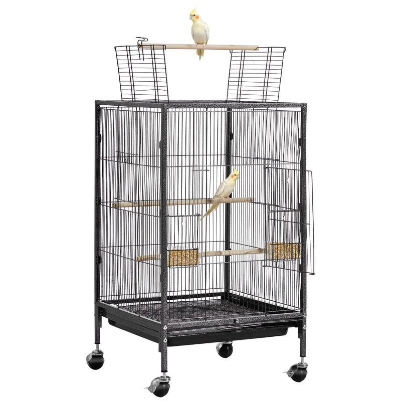 VEVOR putnu būris, 460 × 460 × 770 mm, ar atveramu plakanu augšdaļu, kalta dzelzs lidojuma būris ar sēžamkociņiem, izvelkamu paplāti, plastmasas barotavām un ritenīšiem papagaiļiem, zīlītēm, nimfām, kanārijputniem, viļņotajiem un konūriem