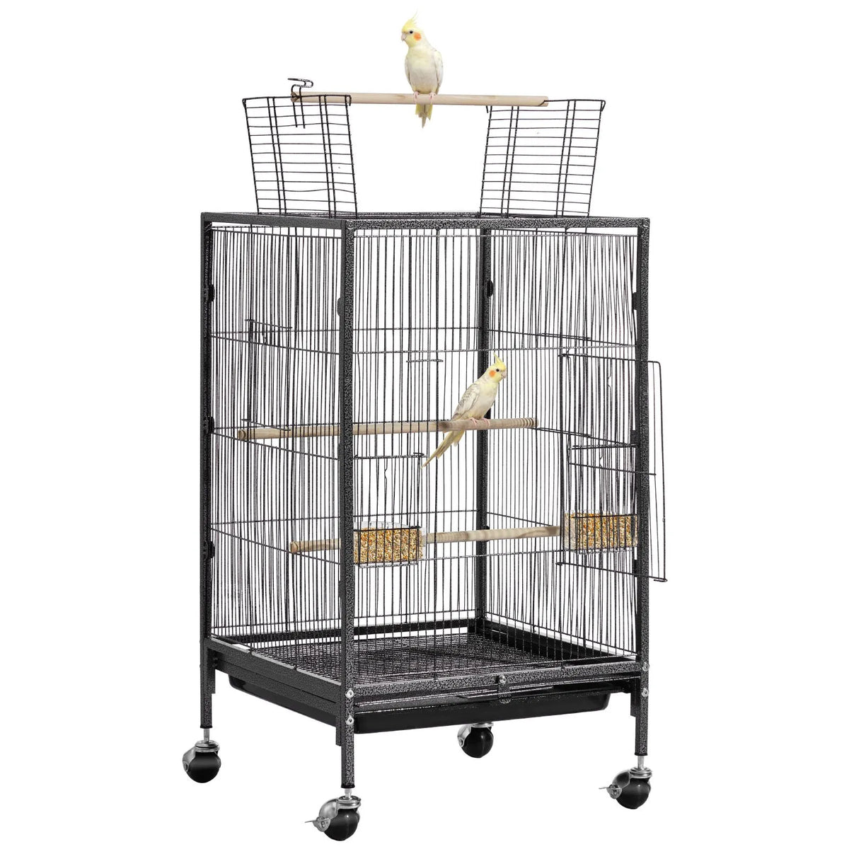 VEVOR putnu būris, 460 × 460 × 770 mm, ar atveramu plakanu augšdaļu, kalta dzelzs lidojuma būris ar sēžamkociņiem, izvelkamu paplāti, plastmasas barotavām un ritenīšiem papagaiļiem, zīlītēm, nimfām, kanārijputniem, viļņotajiem un konūriem