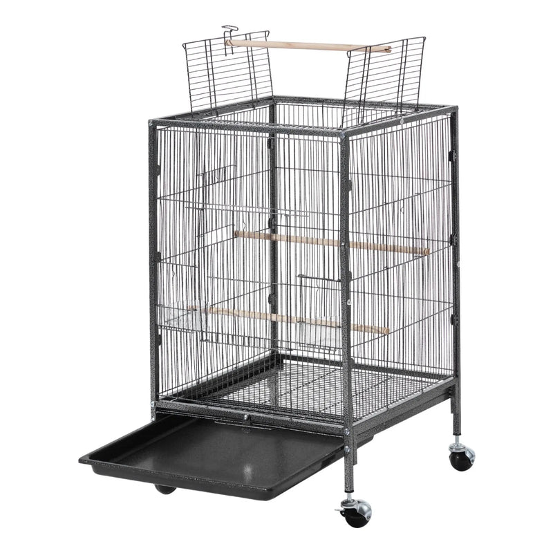 VEVOR putnu būris, 460 × 460 × 770 mm, ar atveramu plakanu augšdaļu, kalta dzelzs lidojuma būris ar sēžamkociņiem, izvelkamu paplāti, plastmasas barotavām un ritenīšiem papagaiļiem, zīlītēm, nimfām, kanārijputniem, viļņotajiem un konūriem