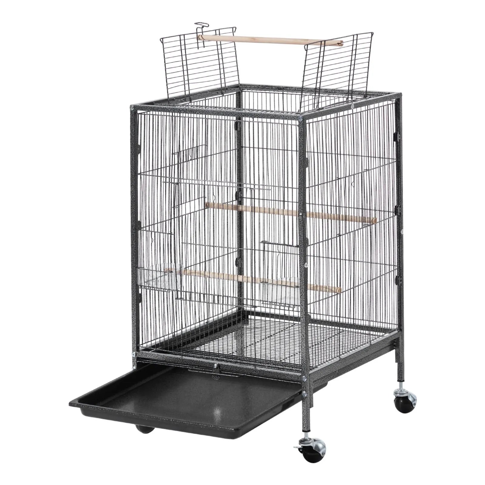 VEVOR putnu būris, 460 × 460 × 770 mm, ar atveramu plakanu augšdaļu, kalta dzelzs lidojuma būris ar sēžamkociņiem, izvelkamu paplāti, plastmasas barotavām un ritenīšiem papagaiļiem, zīlītēm, nimfām, kanārijputniem, viļņotajiem un konūriem