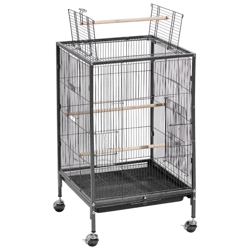 VEVOR putnu būris, 460 × 460 × 770 mm, ar atveramu plakanu augšdaļu, kalta dzelzs lidojuma būris ar sēžamkociņiem, izvelkamu paplāti, plastmasas barotavām un ritenīšiem papagaiļiem, zīlītēm, nimfām, kanārijputniem, viļņotajiem un konūriem