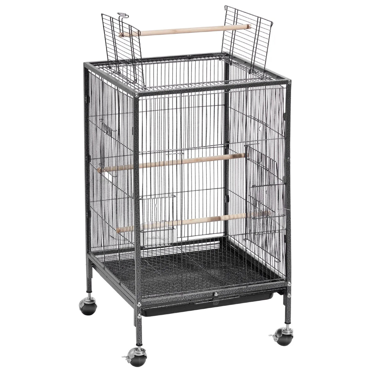 VEVOR putnu būris, 460 × 460 × 770 mm, ar atveramu plakanu augšdaļu, kalta dzelzs lidojuma būris ar sēžamkociņiem, izvelkamu paplāti, plastmasas barotavām un ritenīšiem papagaiļiem, zīlītēm, nimfām, kanārijputniem, viļņotajiem un konūriem