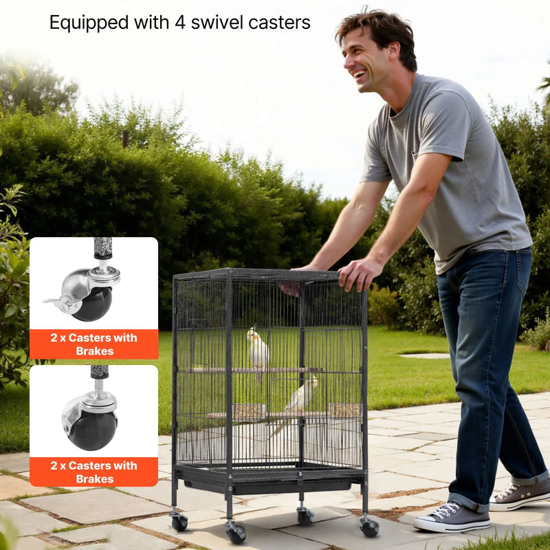 VEVOR putnu būris, 460 × 460 × 770 mm, ar atveramu plakanu augšdaļu, kalta dzelzs lidojuma būris ar sēžamkociņiem, izvelkamu paplāti, plastmasas barotavām un ritenīšiem papagaiļiem, zīlītēm, nimfām, kanārijputniem, viļņotajiem un konūriem