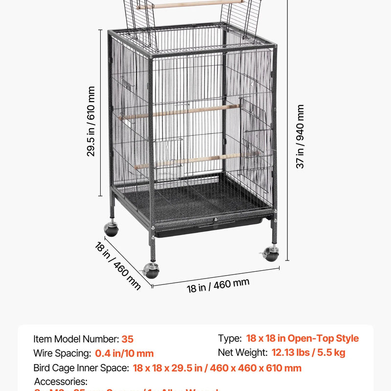VEVOR putnu būris, 460 × 460 × 770 mm, ar atveramu plakanu augšdaļu, kalta dzelzs lidojuma būris ar sēžamkociņiem, izvelkamu paplāti, plastmasas barotavām un ritenīšiem papagaiļiem, zīlītēm, nimfām, kanārijputniem, viļņotajiem un konūriem