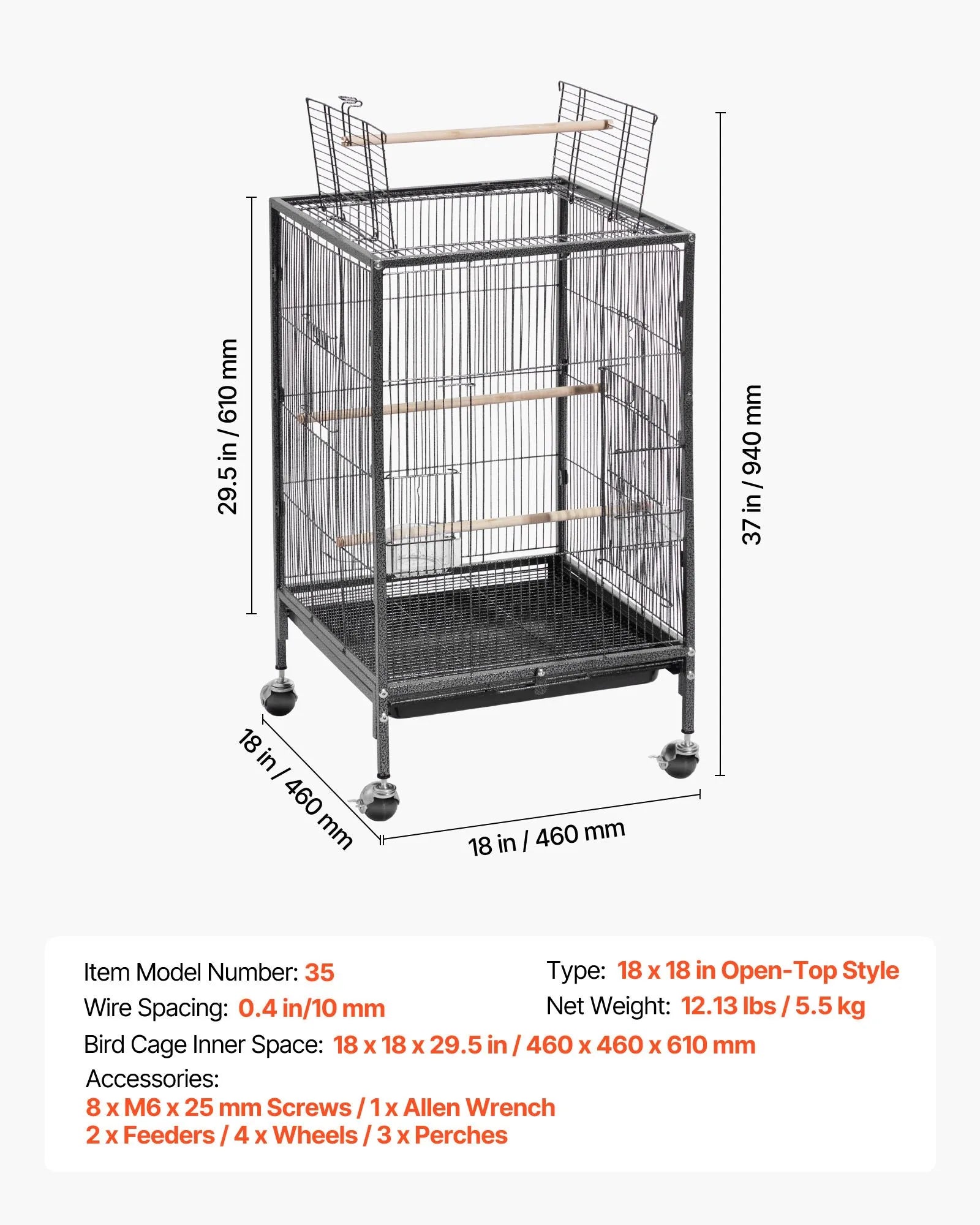 VEVOR putnu būris, 460 × 460 × 770 mm, ar atveramu plakanu augšdaļu, kalta dzelzs lidojuma būris ar sēžamkociņiem, izvelkamu paplāti, plastmasas barotavām un ritenīšiem papagaiļiem, zīlītēm, nimfām, kanārijputniem, viļņotajiem un konūriem