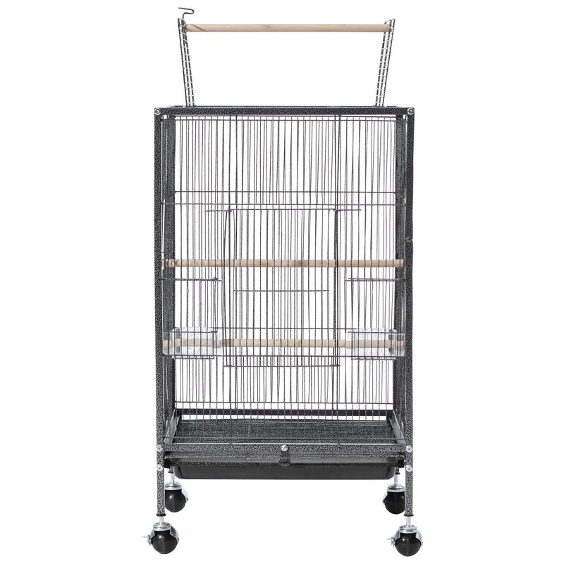 VEVOR putnu būris, 460 × 460 × 770 mm, ar atveramu plakanu augšdaļu, kalta dzelzs lidojuma būris ar sēžamkociņiem, izvelkamu paplāti, plastmasas barotavām un ritenīšiem papagaiļiem, zīlītēm, nimfām, kanārijputniem, viļņotajiem un konūriem