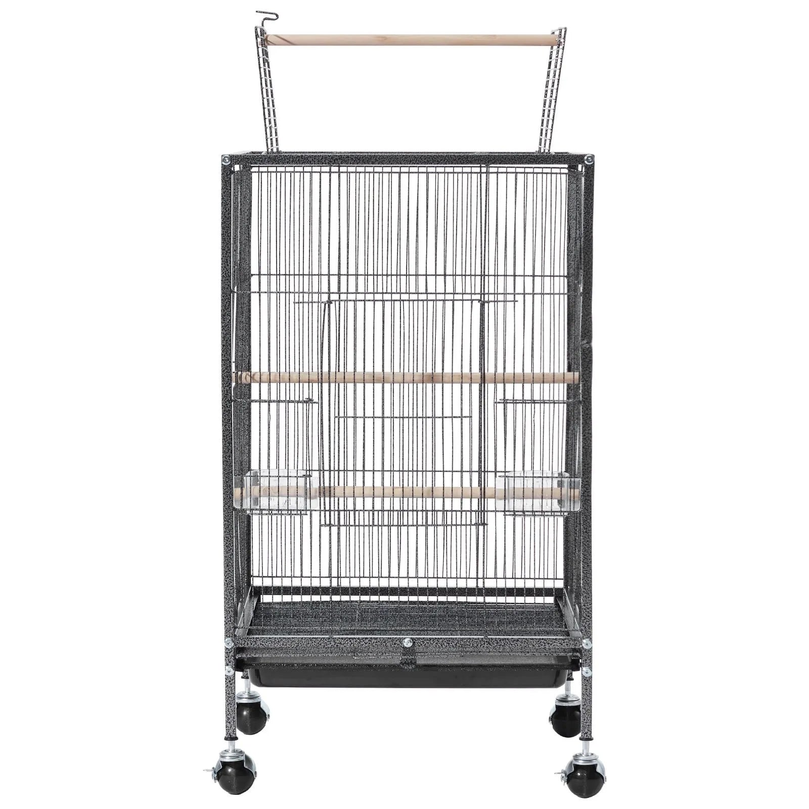 VEVOR putnu būris, 460 × 460 × 770 mm, ar atveramu plakanu augšdaļu, kalta dzelzs lidojuma būris ar sēžamkociņiem, izvelkamu paplāti, plastmasas barotavām un ritenīšiem papagaiļiem, zīlītēm, nimfām, kanārijputniem, viļņotajiem un konūriem