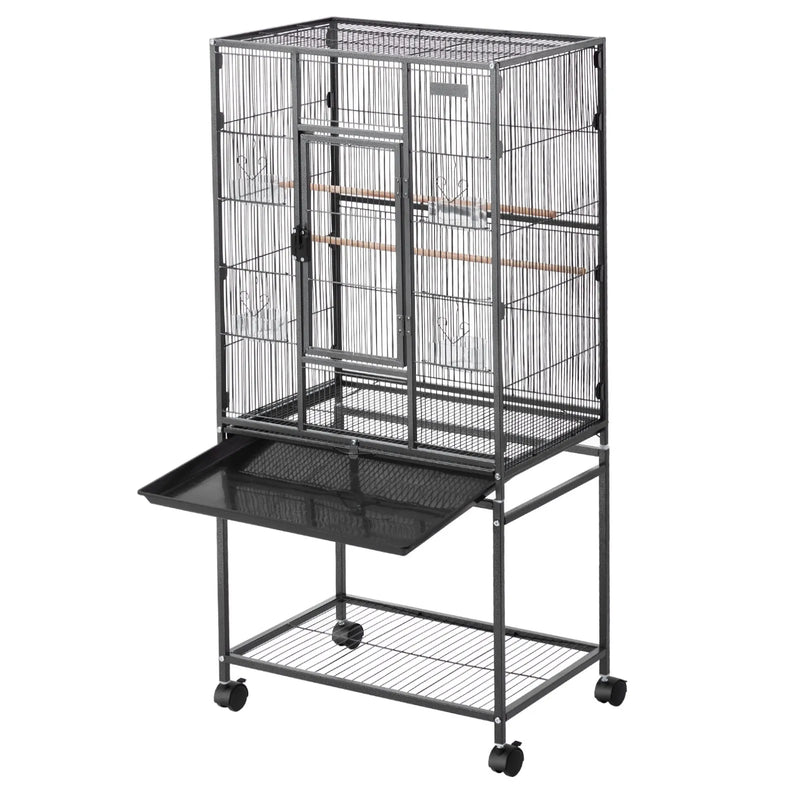 VEVOR putnu būris 625 × 425 × 1370 mm ar plakanu augšu, kalta dzelzs lidojuma būris ar sēžkociņiem, izvelkamu paplāti un plastmasas barotavām, ar ritenīšiem papagaiļiem, zīlītēm, nimfām, kanārijputniņiem, viļņainajiem papagaiļiem un konūrām