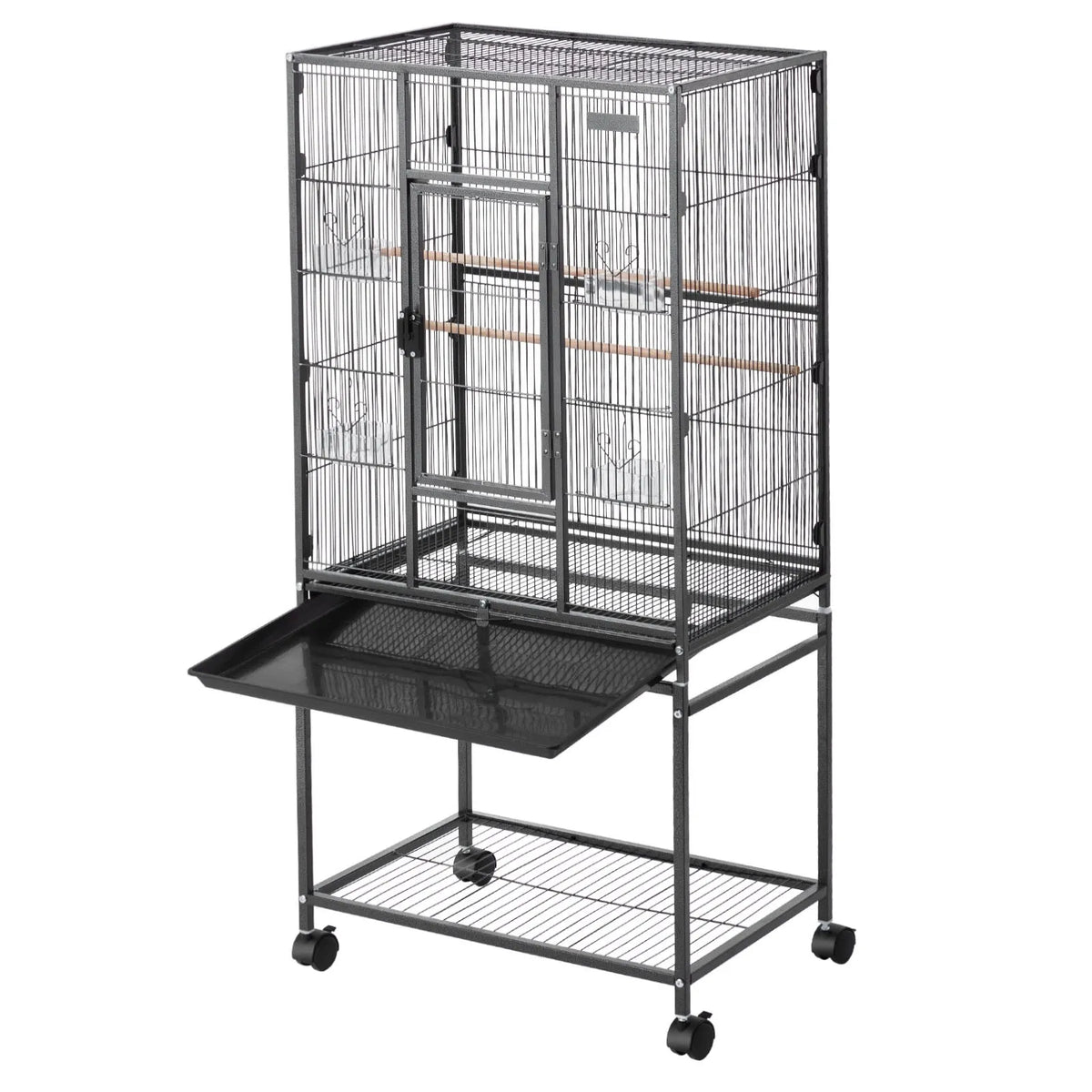 VEVOR putnu būris 625 × 425 × 1370 mm ar plakanu augšu, kalta dzelzs lidojuma būris ar sēžkociņiem, izvelkamu paplāti un plastmasas barotavām, ar ritenīšiem papagaiļiem, zīlītēm, nimfām, kanārijputniņiem, viļņainajiem papagaiļiem un konūrām