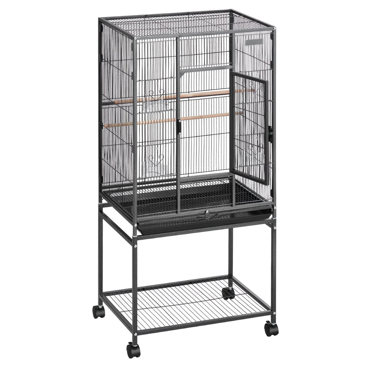 VEVOR putnu būris 625 × 425 × 1370 mm ar plakanu augšu, kalta dzelzs lidojuma būris ar sēžkociņiem, izvelkamu paplāti un plastmasas barotavām, ar ritenīšiem papagaiļiem, zīlītēm, nimfām, kanārijputniņiem, viļņainajiem papagaiļiem un konūrām