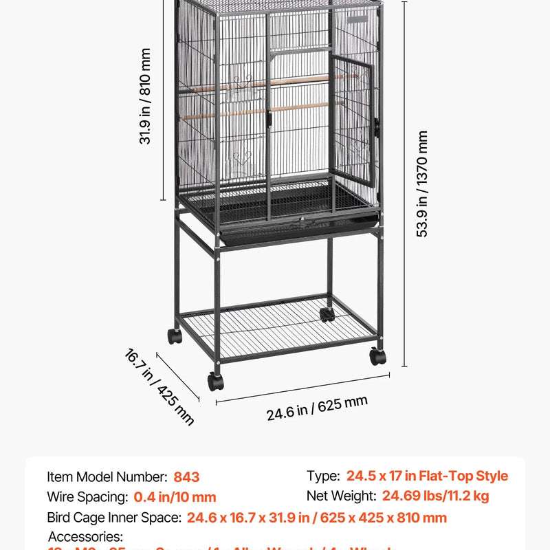 VEVOR putnu būris 625 × 425 × 1370 mm ar plakanu augšu, kalta dzelzs lidojuma būris ar sēžkociņiem, izvelkamu paplāti un plastmasas barotavām, ar ritenīšiem papagaiļiem, zīlītēm, nimfām, kanārijputniņiem, viļņainajiem papagaiļiem un konūrām
