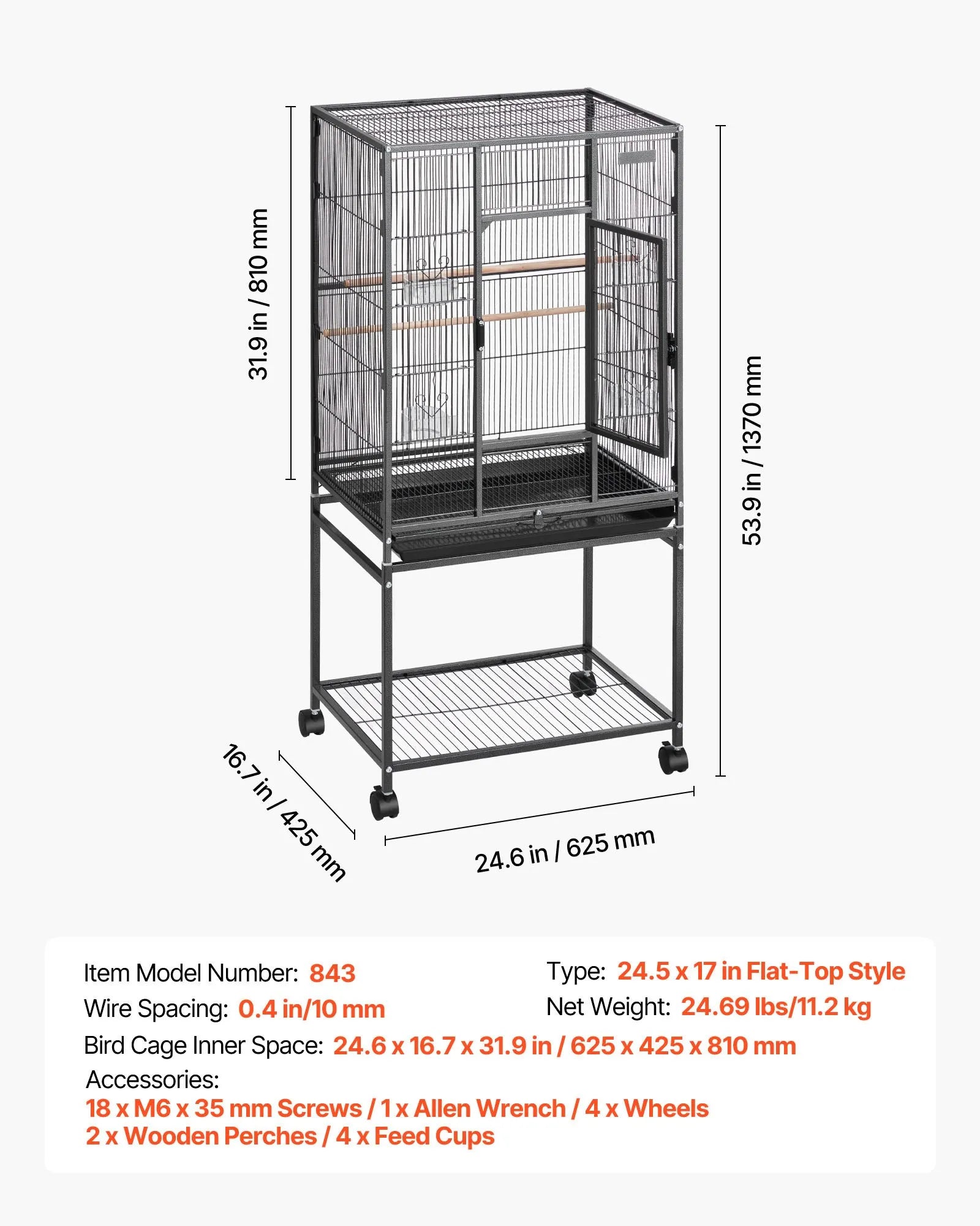VEVOR putnu būris 625 × 425 × 1370 mm ar plakanu augšu, kalta dzelzs lidojuma būris ar sēžkociņiem, izvelkamu paplāti un plastmasas barotavām, ar ritenīšiem papagaiļiem, zīlītēm, nimfām, kanārijputniņiem, viļņainajiem papagaiļiem un konūrām