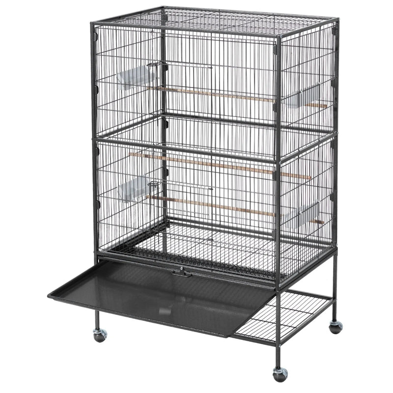 VEVOR putnu būris 800 × 520 × 1320 mm ar plakanu augšu, kalta dzelzs lidojuma būris ar sēžkociņiem, izvelkamu paplāti un plastmasas barotavām, ar ritentiņiem papagaiļiem, zīlītēm, nimfām, kanārijputniņiem un mūku papagaiļiem