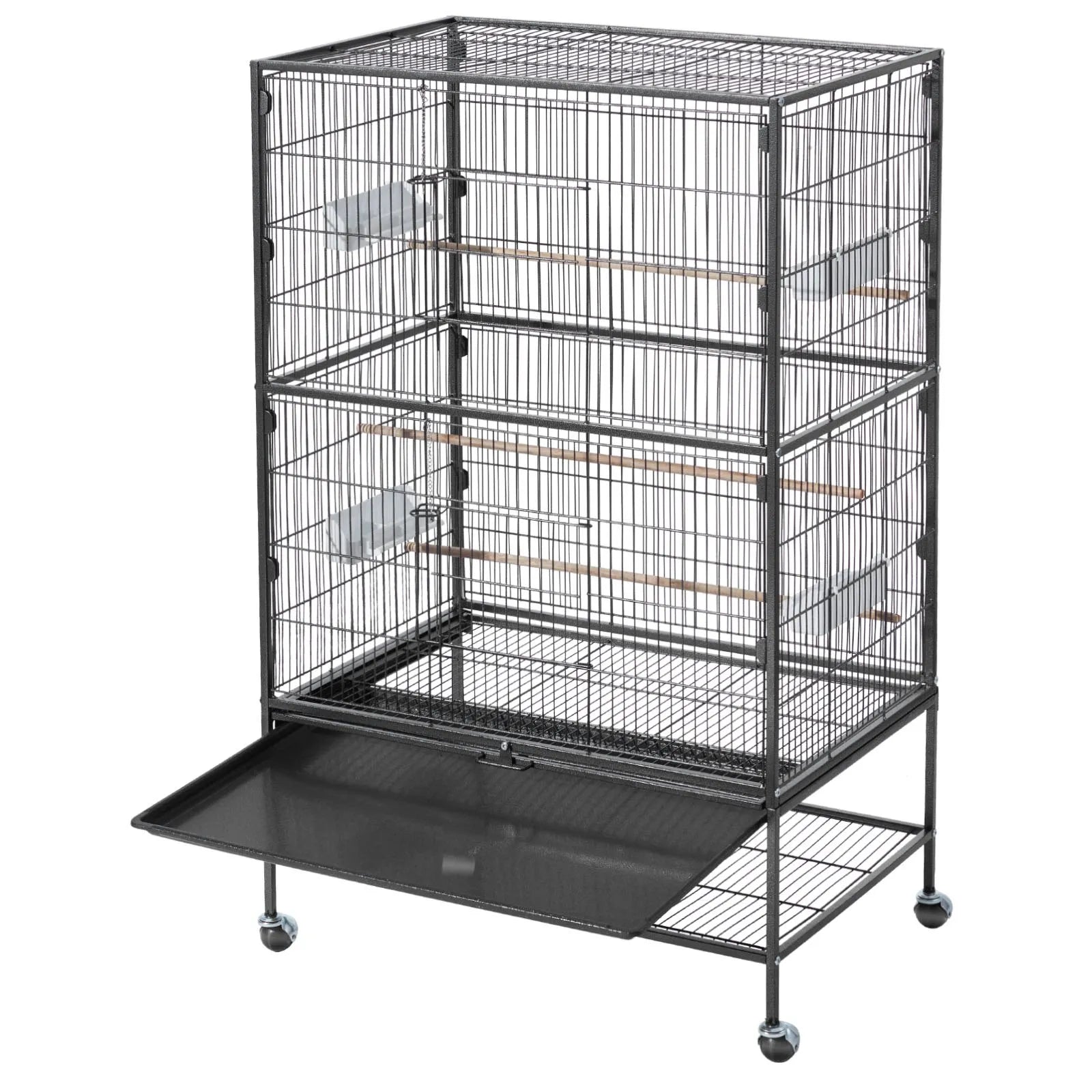 VEVOR putnu būris 800 × 520 × 1320 mm ar plakanu augšu, kalta dzelzs lidojuma būris ar sēžkociņiem, izvelkamu paplāti un plastmasas barotavām, ar ritentiņiem papagaiļiem, zīlītēm, nimfām, kanārijputniņiem un mūku papagaiļiem