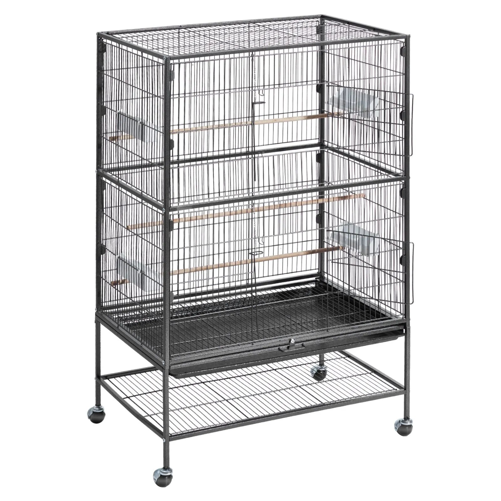 VEVOR putnu būris 800 × 520 × 1320 mm ar plakanu augšu, kalta dzelzs lidojuma būris ar sēžkociņiem, izvelkamu paplāti un plastmasas barotavām, ar ritentiņiem papagaiļiem, zīlītēm, nimfām, kanārijputniņiem un mūku papagaiļiem