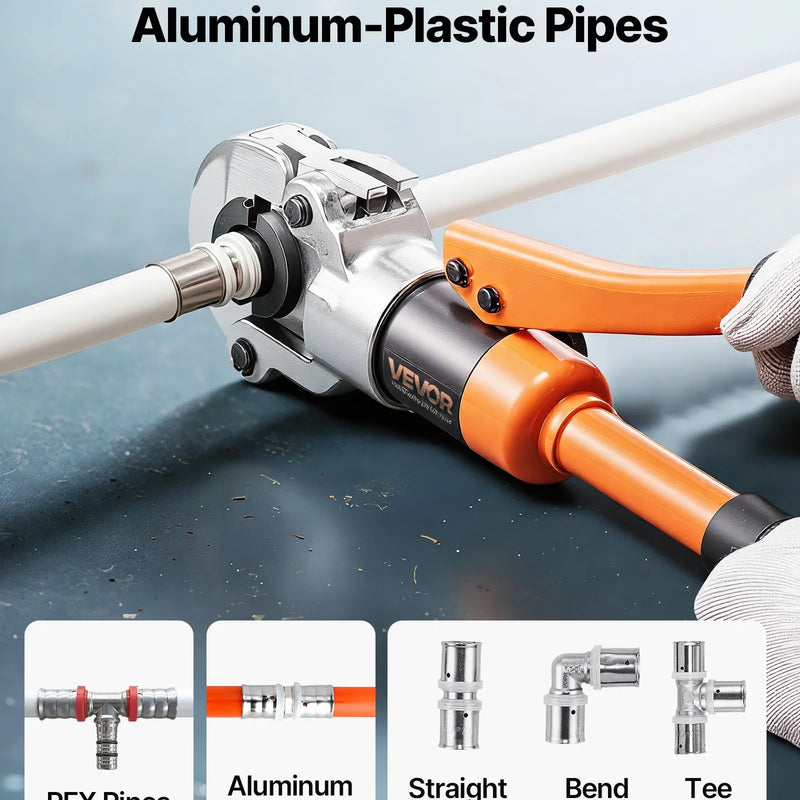 VEVOR hidrauliskais cauruļu presēšanas instruments PEX un alumīnija–plastmasas caurulēm, presētājs ar TH16, TH20, TH26 un TH32 spīlēm, komplektā pārnēsāšanas koferis, paredzēts santehnikas remontam un uzstādīšanai