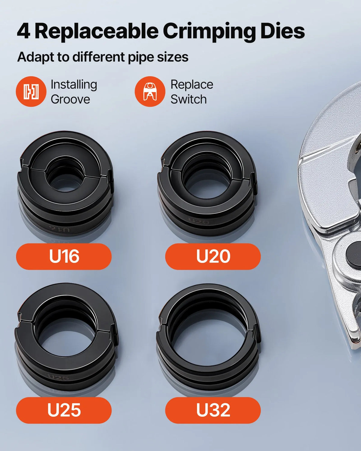 VEVOR hidrauliskais cauruļu presēšanas instruments PEX un alumīnija-plastmasas caurulēm, presēšanas žokļi 16/20/25/32 mm, ar pārnēsāšanas koferi, santehnikas montāžai un remontam