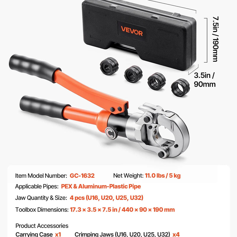 VEVOR hidrauliskais cauruļu presēšanas instruments PEX un alumīnija-plastmasas caurulēm, presēšanas žokļi 16/20/25/32 mm, ar pārnēsāšanas koferi, santehnikas montāžai un remontam