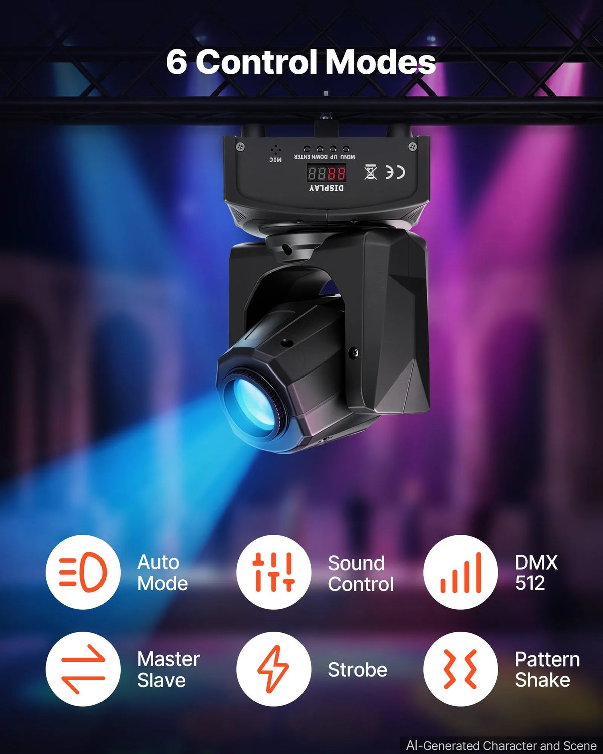 VEVOR 30W RGB kustīgās galvas LED skatuves prožektors, 8 gobo, 8 krāsas, DMX, skaņas vadība