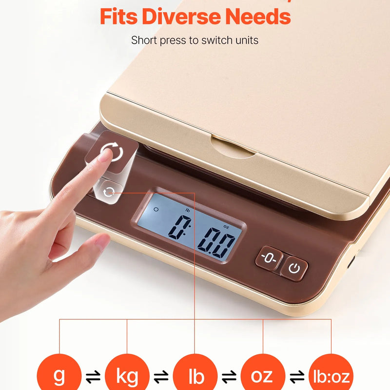 VEVOR digitālās sūtījumu un pasta svari 40 kg ar 2 g precizitāti, Hold/Tare/Auto-off funkcijām, nolokāmu turētāju un vienkāršu kalibrēšanu, piemēroti mājai un birojam, komplektā baterija