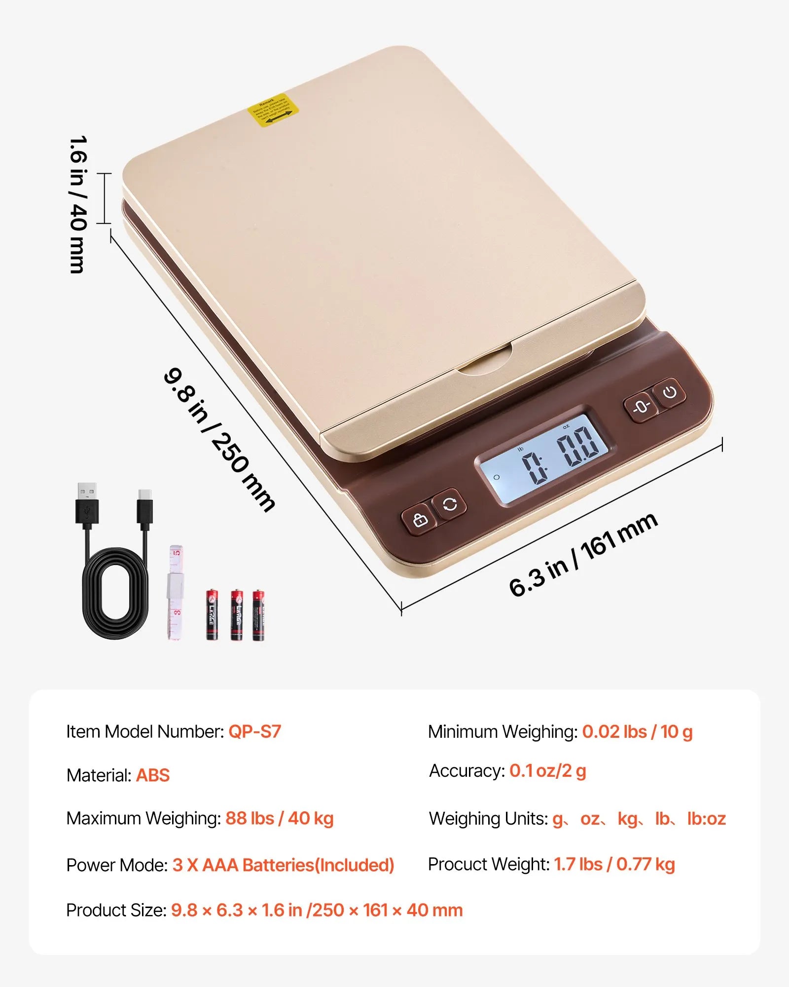 VEVOR digitālās sūtījumu un pasta svari 40 kg ar 2 g precizitāti, Hold/Tare/Auto-off funkcijām, nolokāmu turētāju un vienkāršu kalibrēšanu, piemēroti mājai un birojam, komplektā baterija