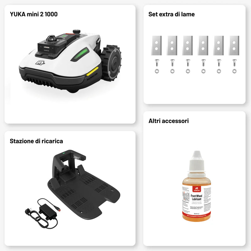 Iepriekšpasūtīšana_1000m²_YUKA mini 2 1000: perimetra vadu nesaturošs robotizēts zāles pļāvējs