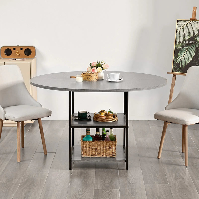 VEVOR apaļais ēdamgalds, Ø120 cm, koka galds 4–6 personām, mūsdienīga dizaina ēdamistabas mēbele ar metāla kājām un glabāšanas plauktu, pelēks (tikai galds)
