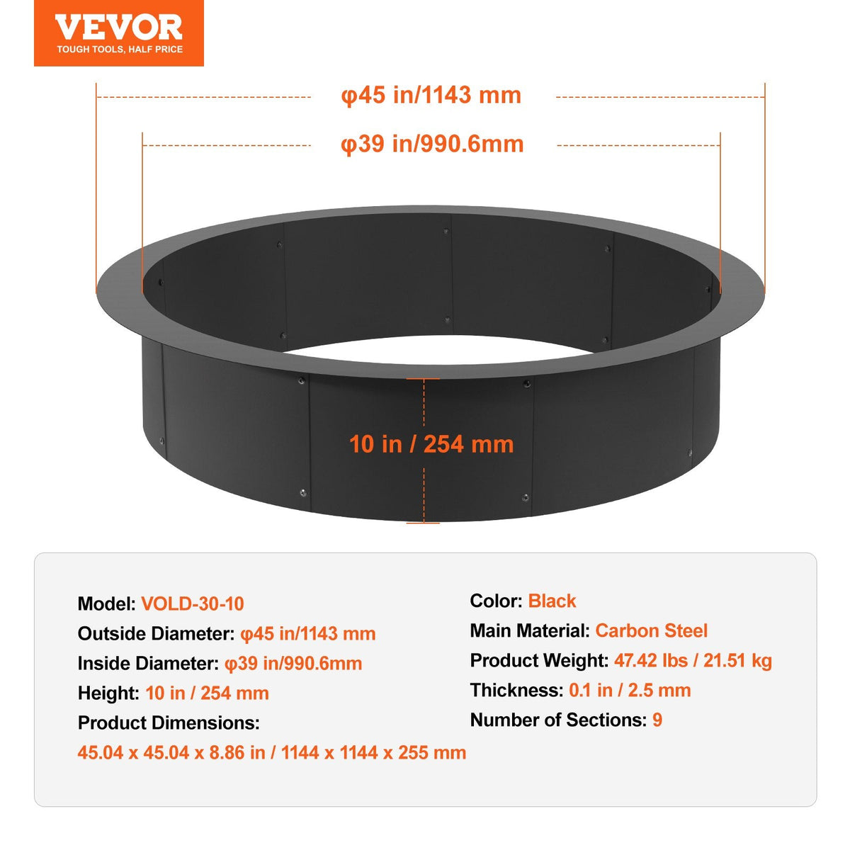 VEVOR apaļš ugunskura gredzens – 112 cm ārējais tērauda ieliktnis DIY ugunskura vietai