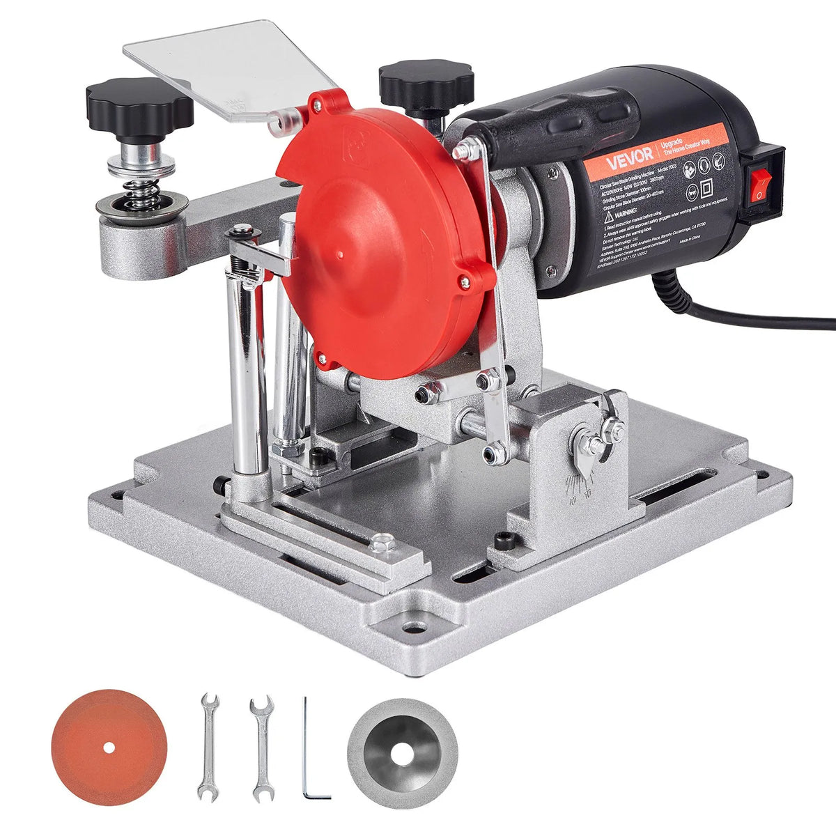 VEVOR ripzāģa asmeņu asināšanas iekārta 140 W 5700 apgr./min ar 100 mm keramikas un dimanta slīpripām, piemērota 90–400 mm diametra ripzāģa asmeņiem