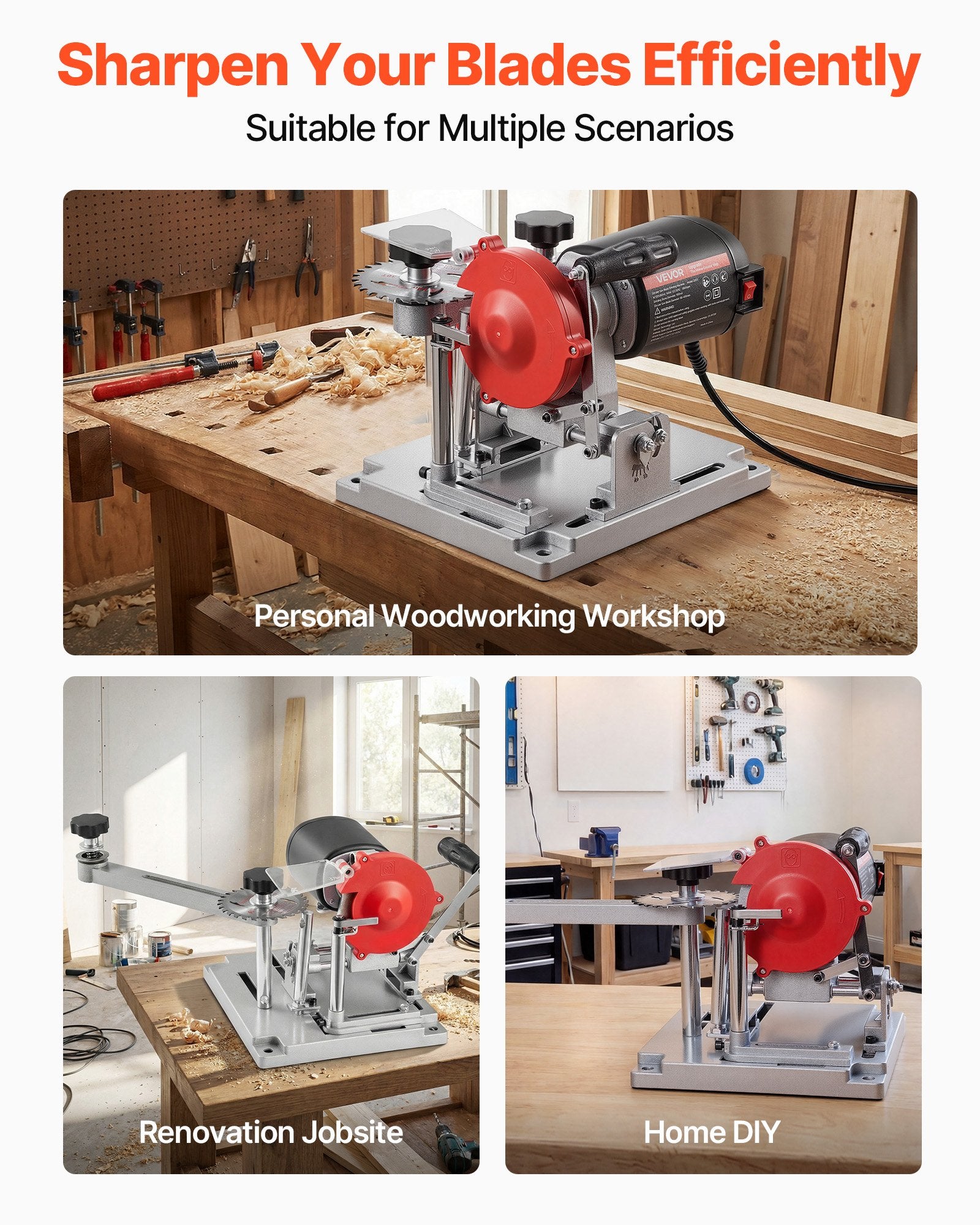 VEVOR ripzāģa asmeņu asināšanas iekārta 140 W 5700 apgr./min ar 100 mm keramikas un dimanta slīpripām, piemērota 90–400 mm diametra ripzāģa asmeņiem