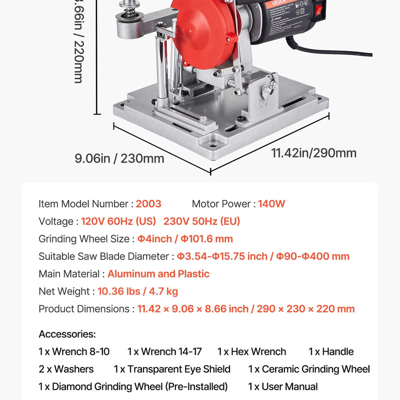 VEVOR ripzāģa asmeņu asināšanas iekārta 140 W 5700 apgr./min ar 100 mm keramikas un dimanta slīpripām, piemērota 90–400 mm diametra ripzāģa asmeņiem