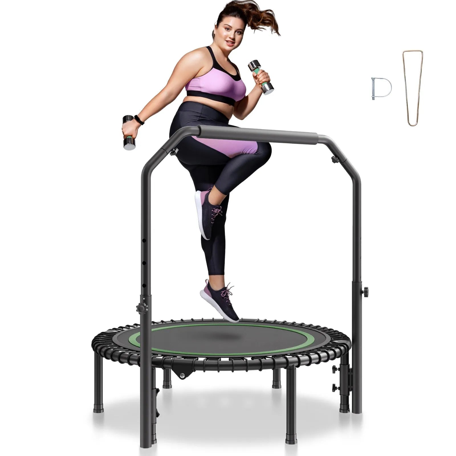 Saliekams mini fitnesa batuts 102 cm pieaugušajiem ar rokturi treniņiem