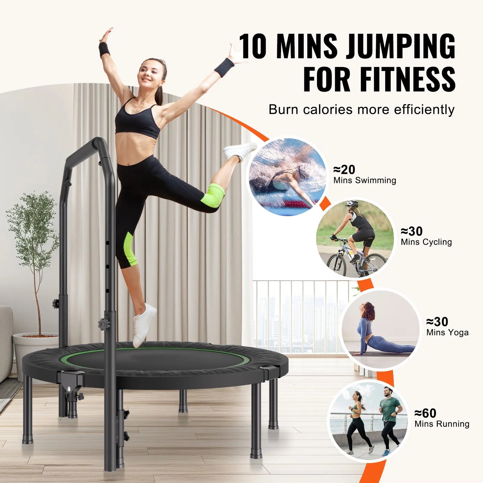 102 cm salokāms mini fitnesa batuts ar rokturi pieaugušajiem – treniņiem un atsperīgām nodarbībām
