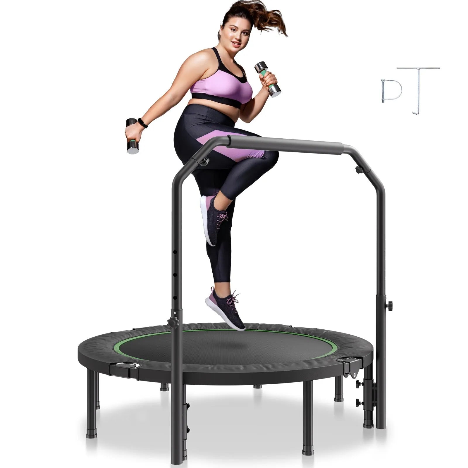Saliekams mini fitnesa batuts 132 cm pieaugušajiem ar rokturi treniņiem