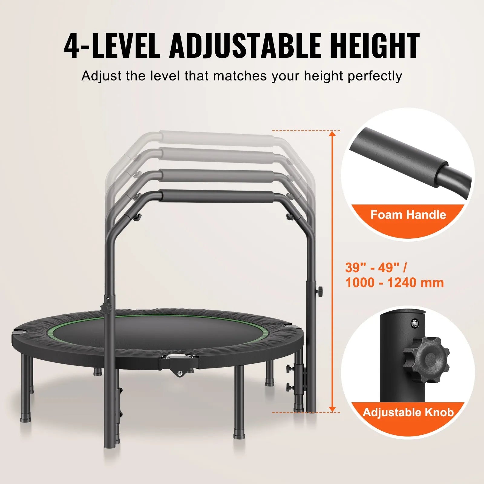 Saliekams mini fitnesa batuts 132 cm pieaugušajiem ar rokturi treniņiem
