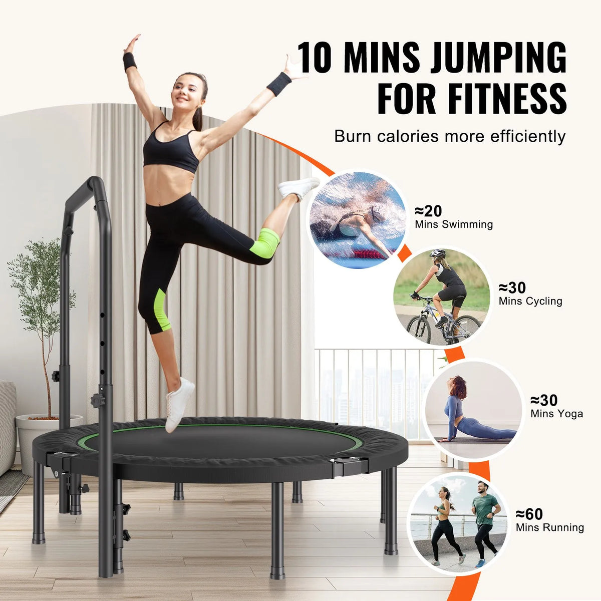 Saliekams mini fitnesa batuts 132 cm pieaugušajiem ar rokturi treniņiem
