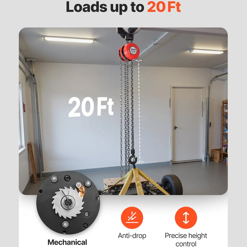 VEVOR rokas ķēdes pacēlājs, kravnesība 1 t, ar uzlabotu G70 cinkotu ķēdi, celšanas augstums 6 m, smagā tipa mehānisms, piemērots garāžai, noliktavai un mehāniskajām iekārtām, sarkans