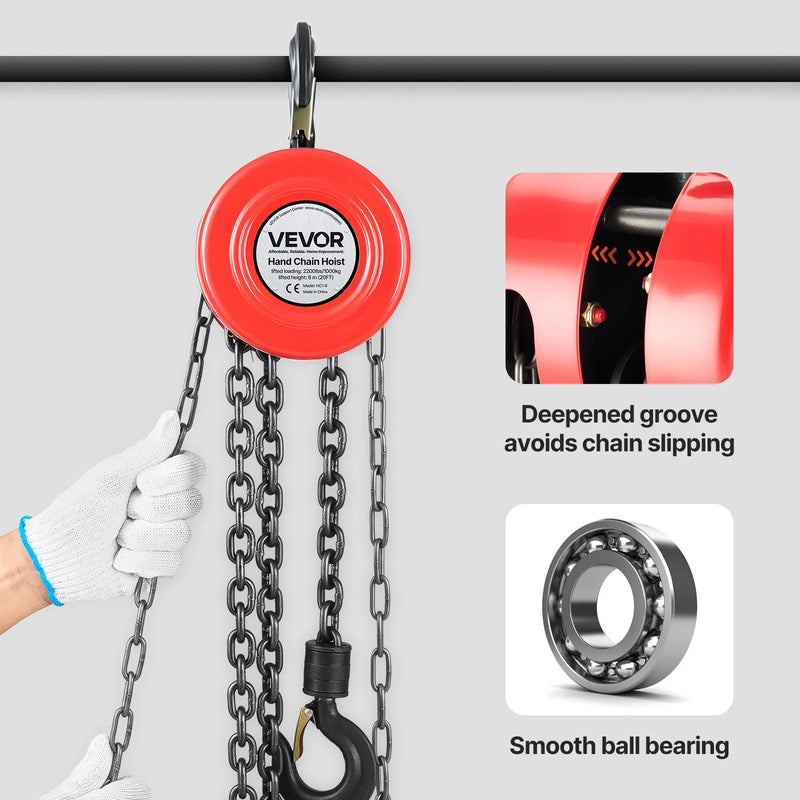 VEVOR rokas ķēdes pacēlājs, kravnesība 1 t, ar uzlabotu G70 cinkotu ķēdi, celšanas augstums 6 m, smagā tipa mehānisms, piemērots garāžai, noliktavai un mehāniskajām iekārtām, sarkans